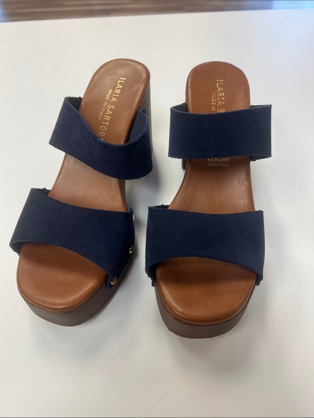 Ilaria Sartori Made in Italy blue suede platform sandals wooden 🤎